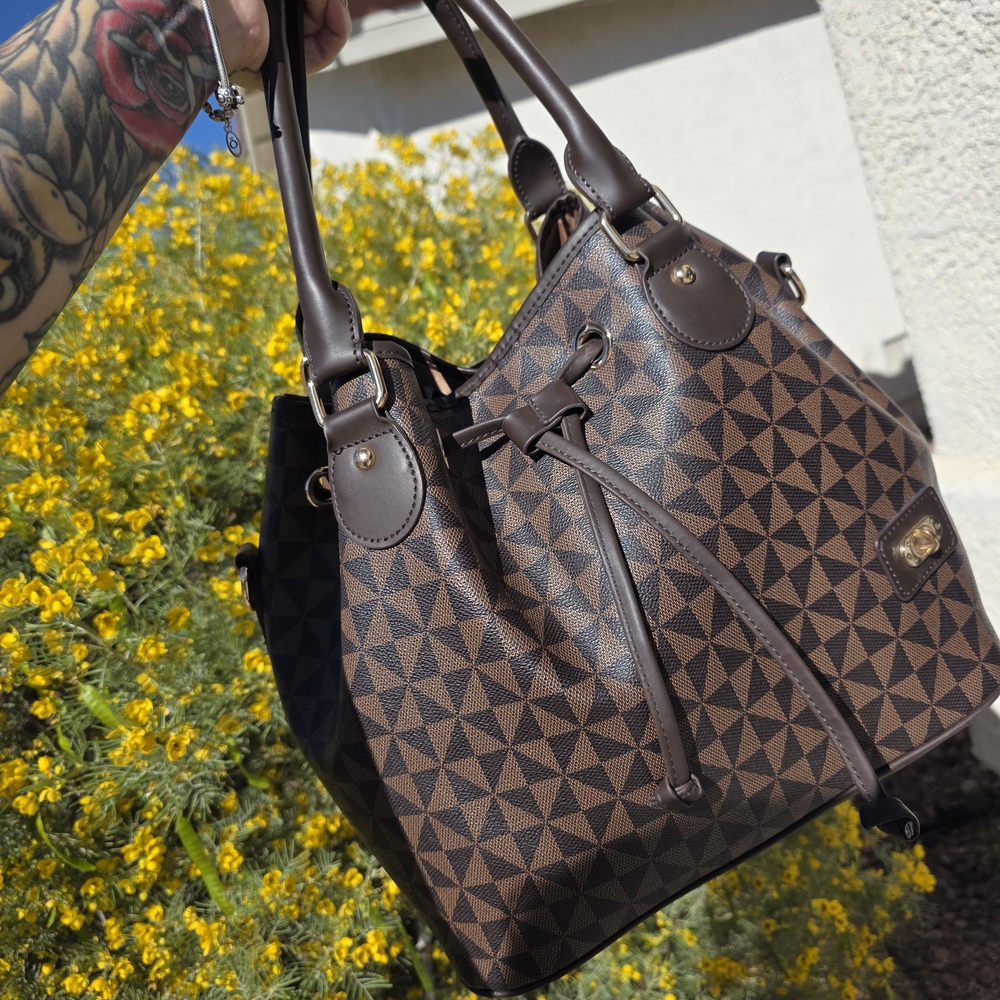 Source Unknown Brown Geometric Drawstring Shoulde… - image 2